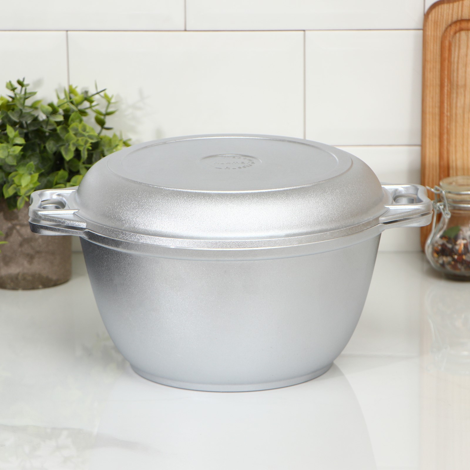 Казан ТМ KUKMARA, 3 л, крышка-сковорода, литые ручки, литой алюминий, серебристый