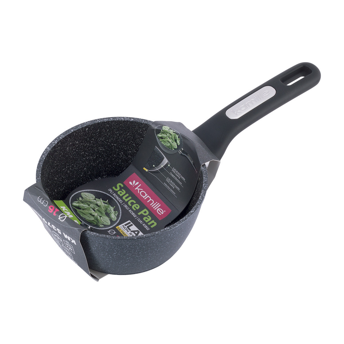 Ковш Ø16 см Kamille КМ-5379MR (1,2 л) из алюминия с покрытием чёрный мрамор