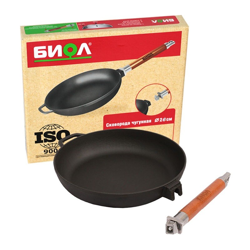 Сковорода чугунная литая БИОЛ со съемной ручкой "Оптима" 26 см 0126