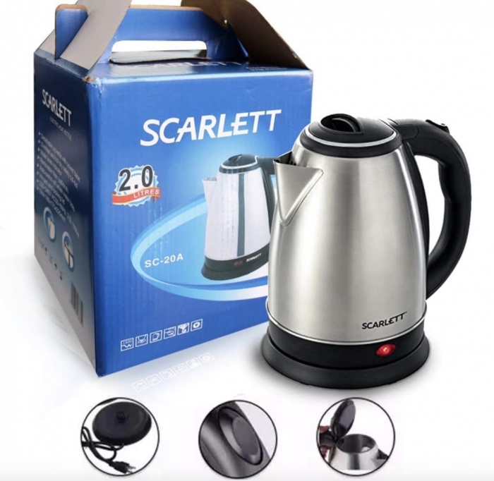Чайник SCARLETT 2 л, 1600 Вт, закрытый нагревательный элемент, сталь