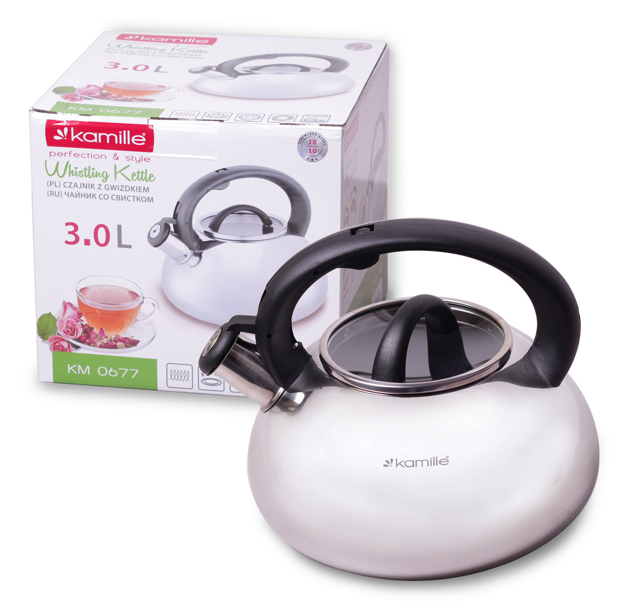 Чайник 3л из нержавеющей стали со свистком и стеклянной крышкой Kamille KM0677