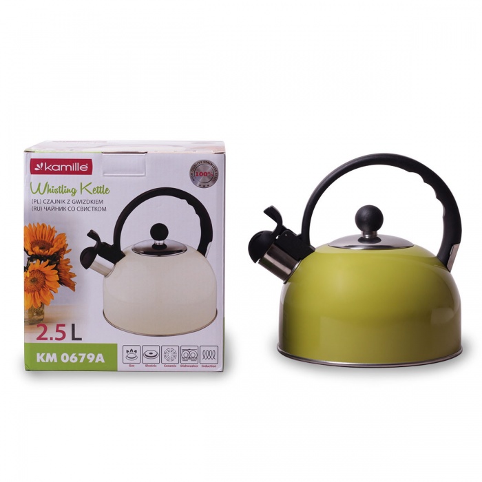 Чайник 2.5л из нерж. стали со свистком и черной бакелитовой ручкой (салатовый, кофейный, бежевый) Kamille KM-0679A