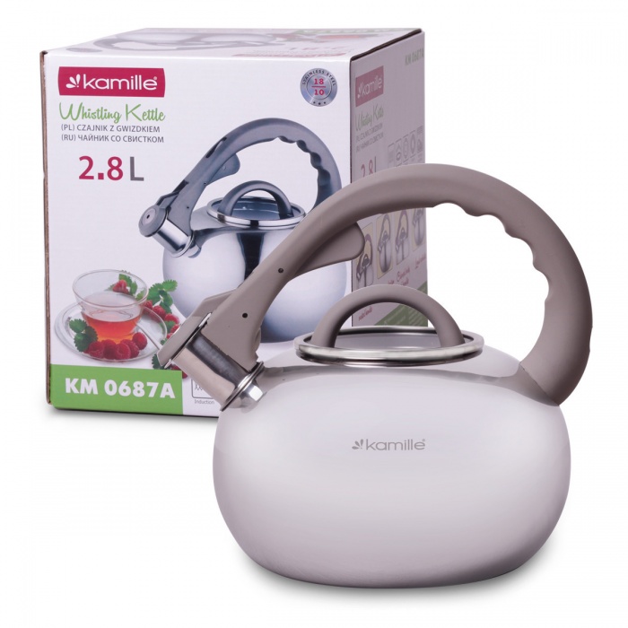Чайник 2.8 л из нержавеющей стали со свистком и стеклянной крышкой (ручки: серая, фиолетовая) Kamille KM-0687A