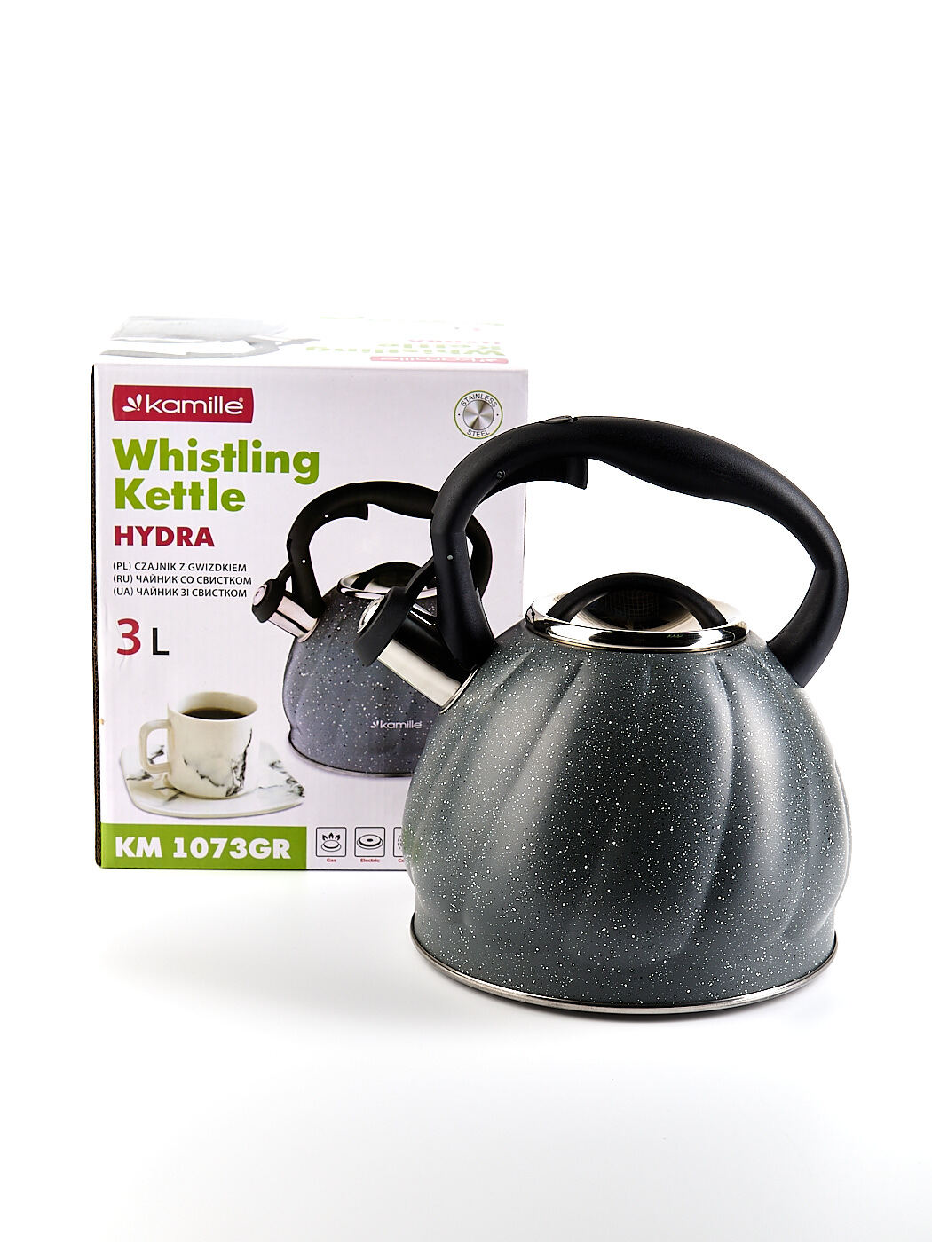 Чайник 3 л. из нержавеющей стали со свистком Kamille KM-1073GR с мраморным покрытием