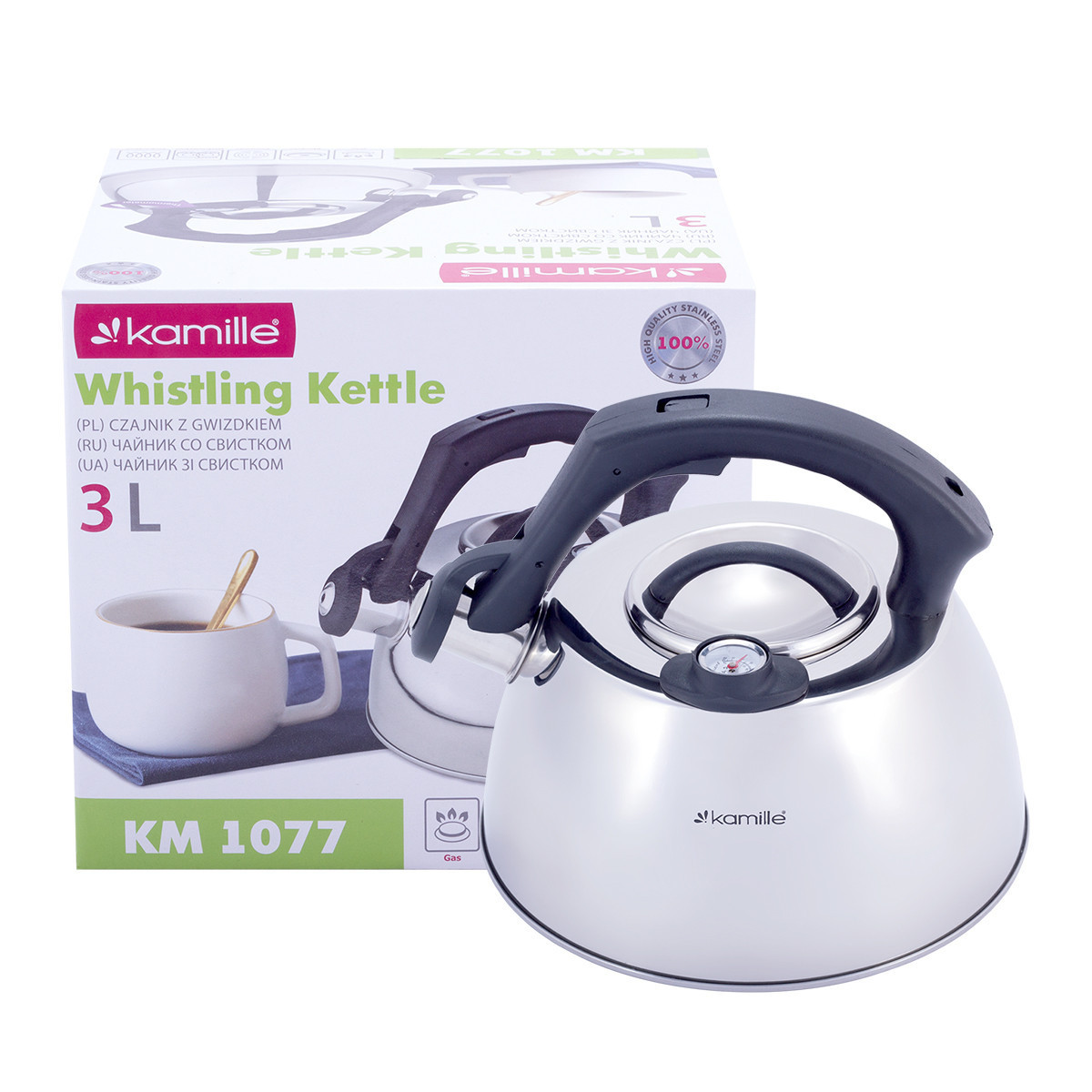 Чайник 3 л из нержавеющей стали со свистком и термометром Kamille KM-1077