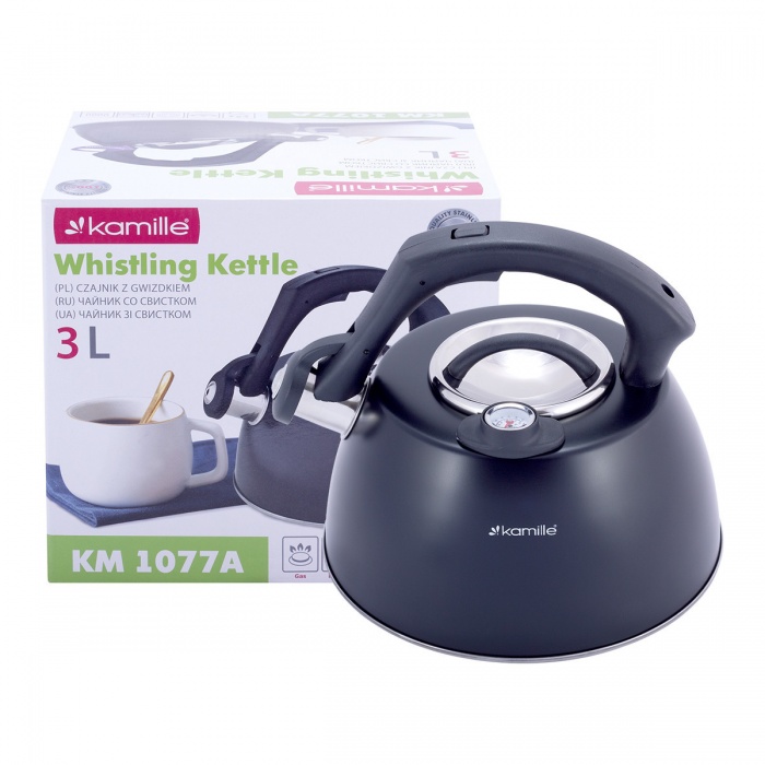 Чайник 3 л. из нержавеющей стали со свистком и термометром Kamille KM-1077A (черный)