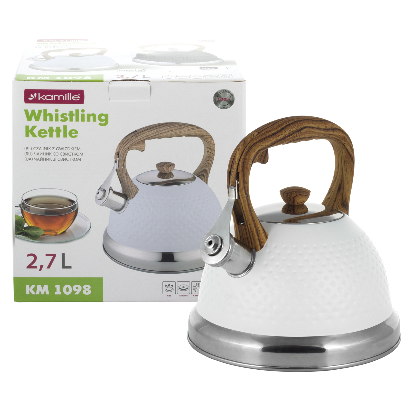 Чайник 2,7 л. из нержавеющей стали со свистком Kamille KM-1098 и ручкой "soft touch" под дерево(белый)