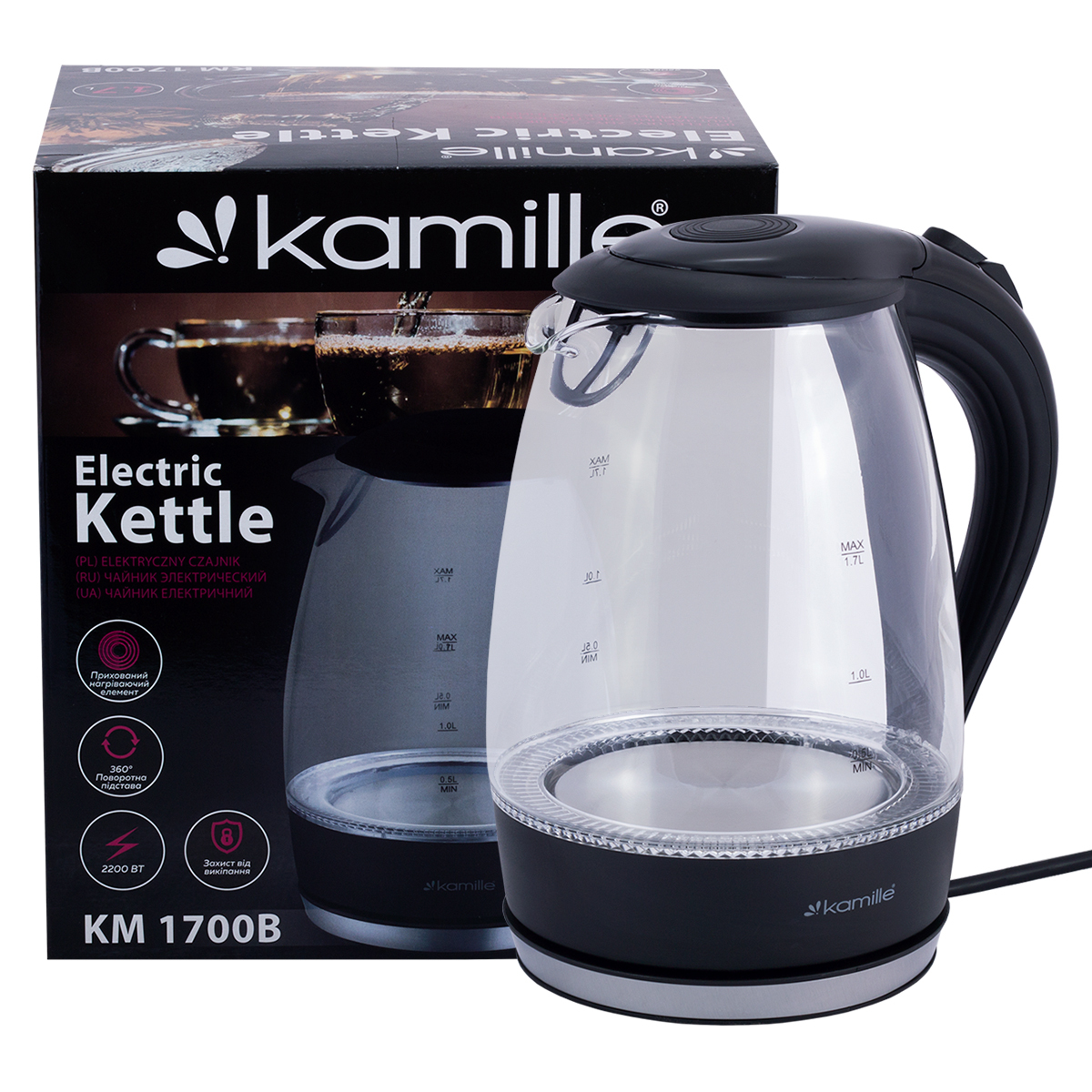 Чайник электрический 1,5 л. стеклянный Kamille KM-1700B с синей LED подсветкой