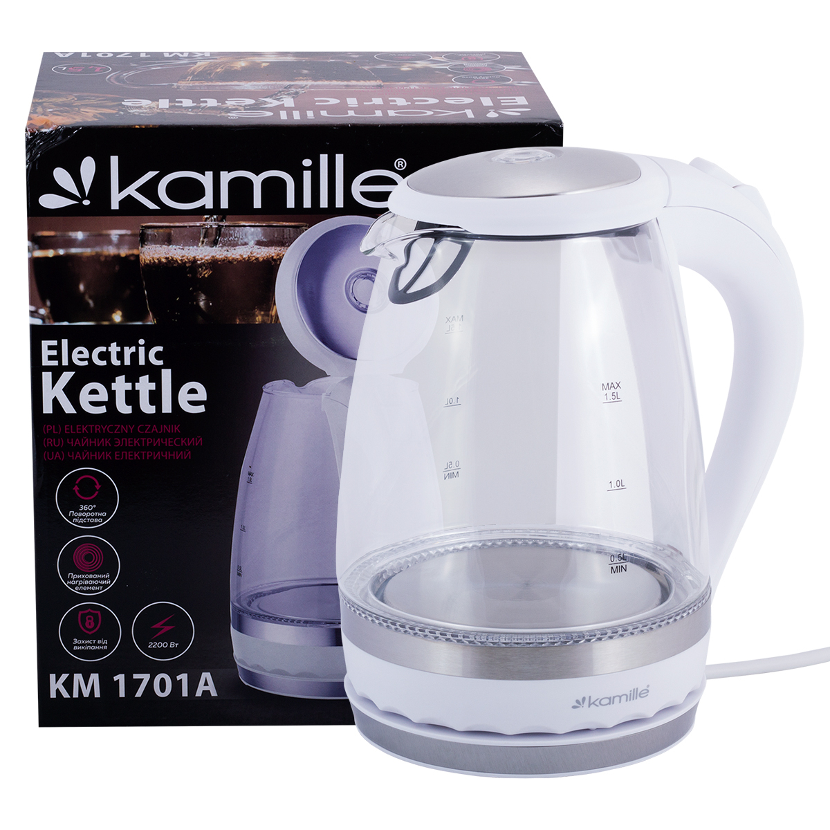 Чайник электрический 1,5 л. стеклянный Kamille KM-1701A (белый) с синей LED подсветкой