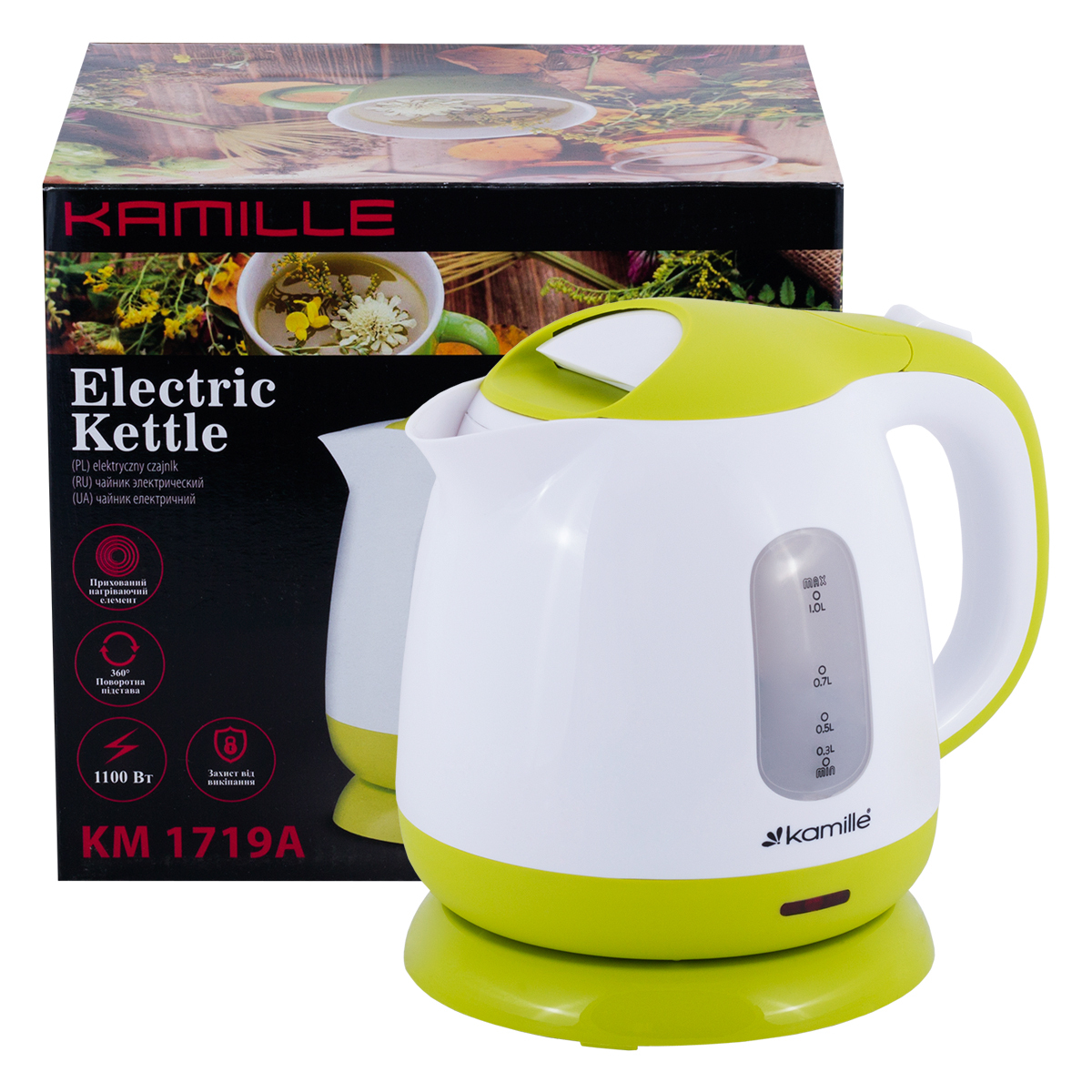Чайник 1 л Kamille KM 1719A электрический пластиковый, белый-салатовый