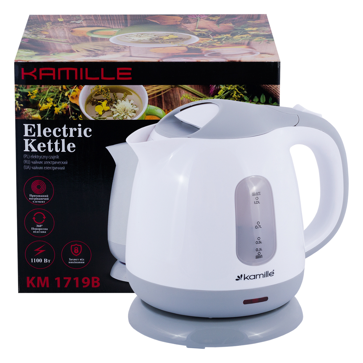 Чайник 1 л Kamille KM 1719B электрический пластиковый, белый-серый