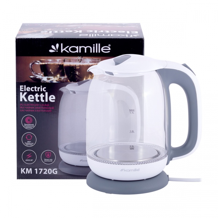Чайник 1,7 л Kamille KM1720G электрический из боросиликатного стекла, бело-серый