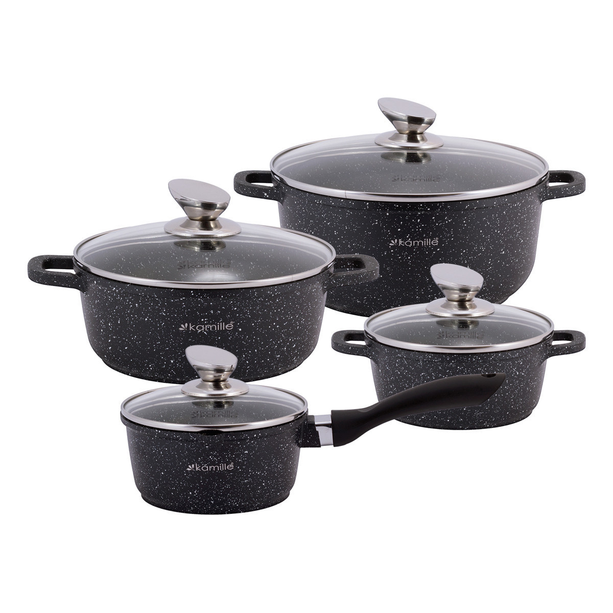 Набор посуды 9 предметов из литого алюминия Kamille KM-4429 (3 кастрюли, ковш, прихватки) с мраморным покрытием