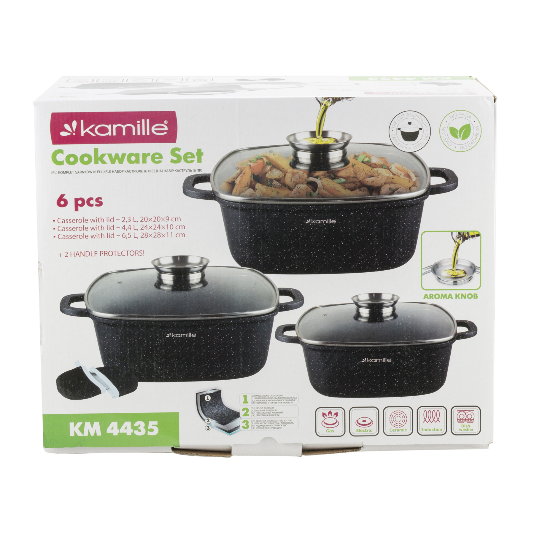 Набор посуды 7 предметов с прихватками Kamille KM-4435 (кастрюли квадратные 20см, 24см, 28см, прихватки 2шт).