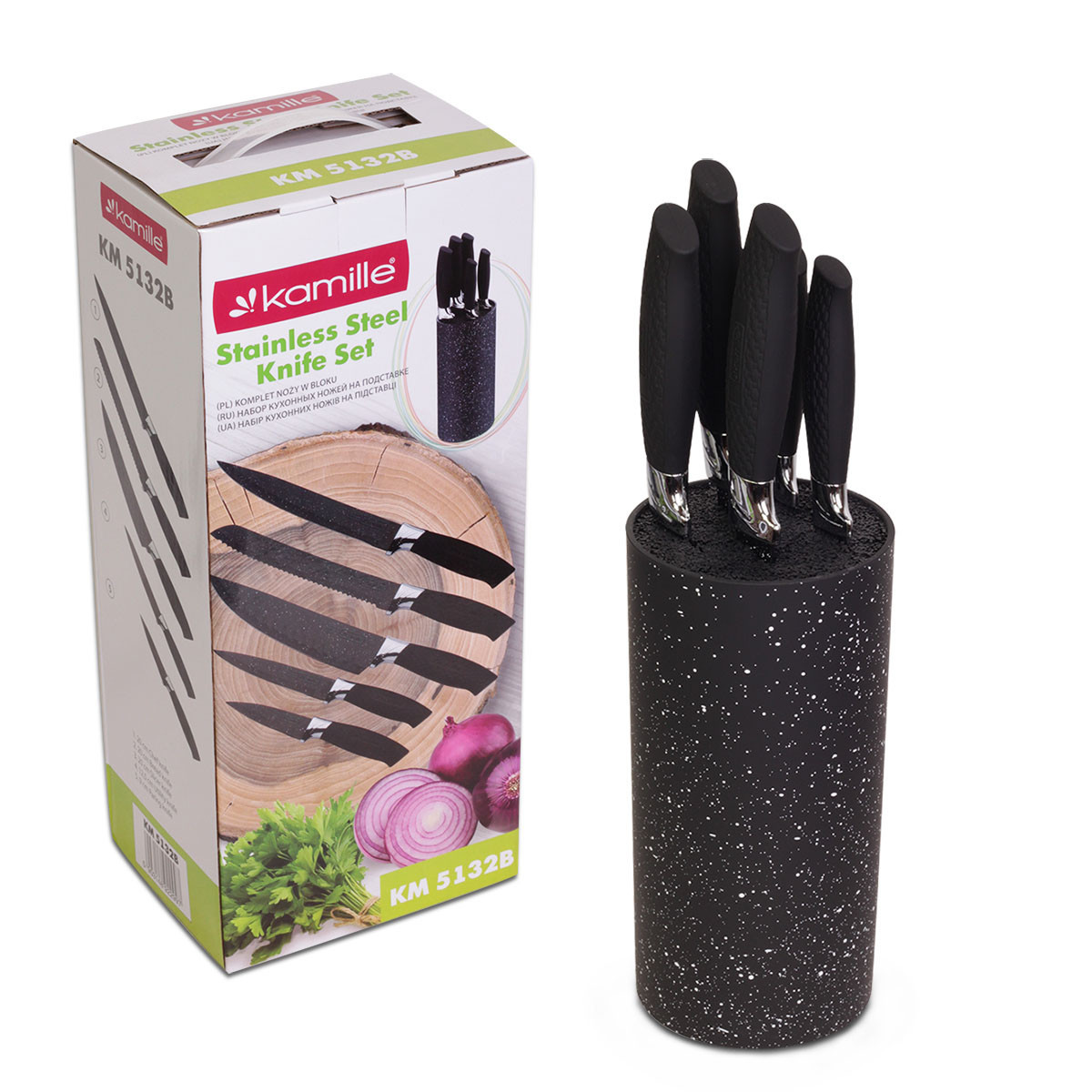 Набор ножей 6 предметов Kamille KM-5132B из нержавеющей стали с подставкой черный мрамор