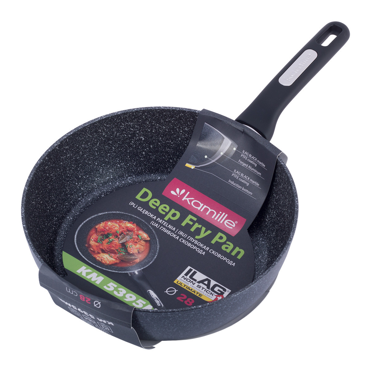 Сотейник Ø28х8,5см. Kamille КМ-5395MR с покрытием чёрный мрамор из литого алюминия