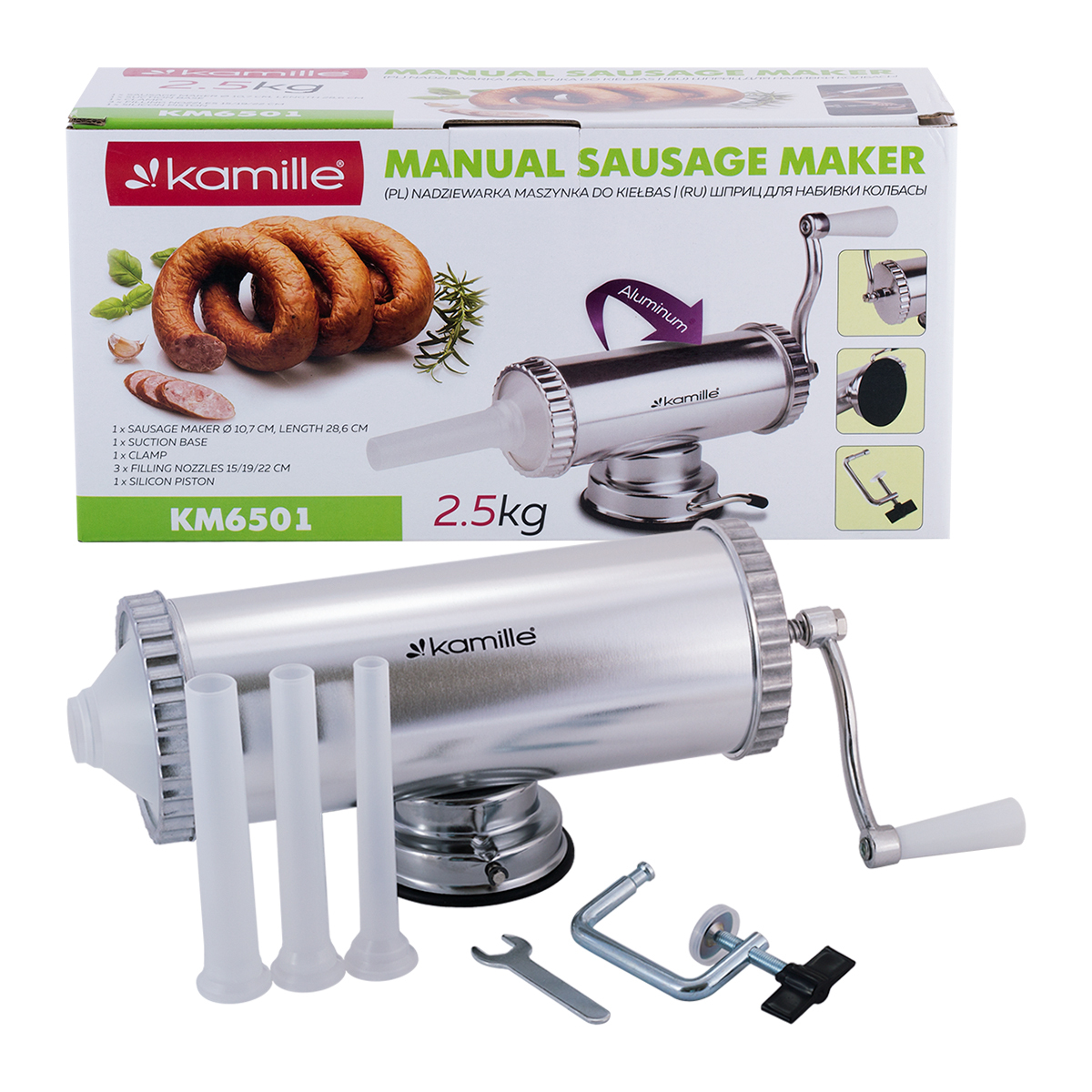 Колбасный шприц 2,5 кг. Kamille КМ-6501 из алюминия с силиконовыми насадками (15 мм., 19 мм., 22 мм.)