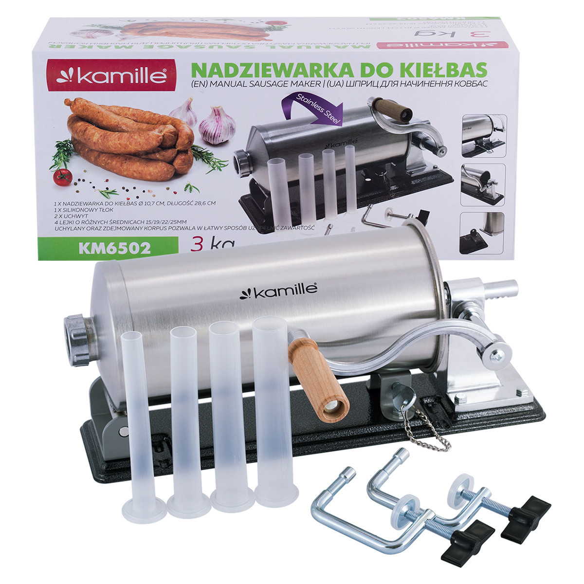 Шприц для колбас 3 кг. Kamille КM-6502 из нержавеющей стали с силиконовыми насадками