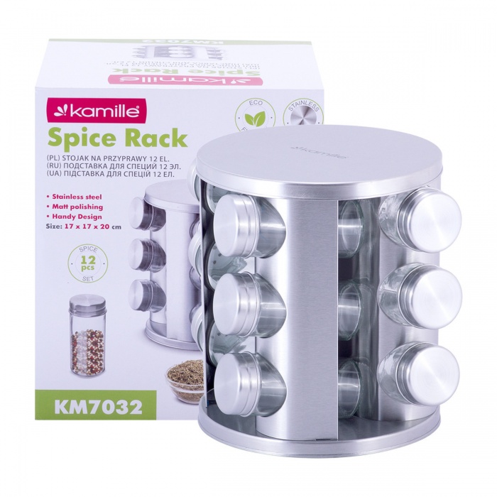 Набор ёмкостей для специй Kamille КМ-7032 (12 шт.) на круглой подставке из нержавеющей стали