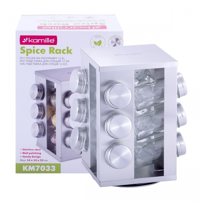 Набор ёмкостей для специй Kamille КМ-7033 (12 шт.) на прямоугольной подставке