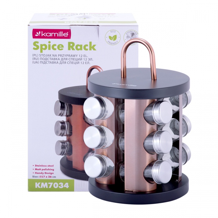 Набор ёмкостей для специй Kamille КМ-7034 (12 шт.) на круглой подставке с ручкой