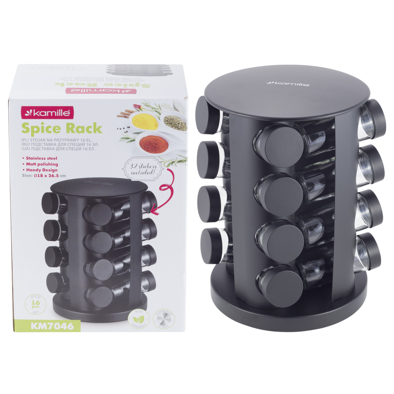 Набор ёмкостей для специй 16 шт. Kamille КМ-7046 на круглой черной подставке из нержавеющей стали
