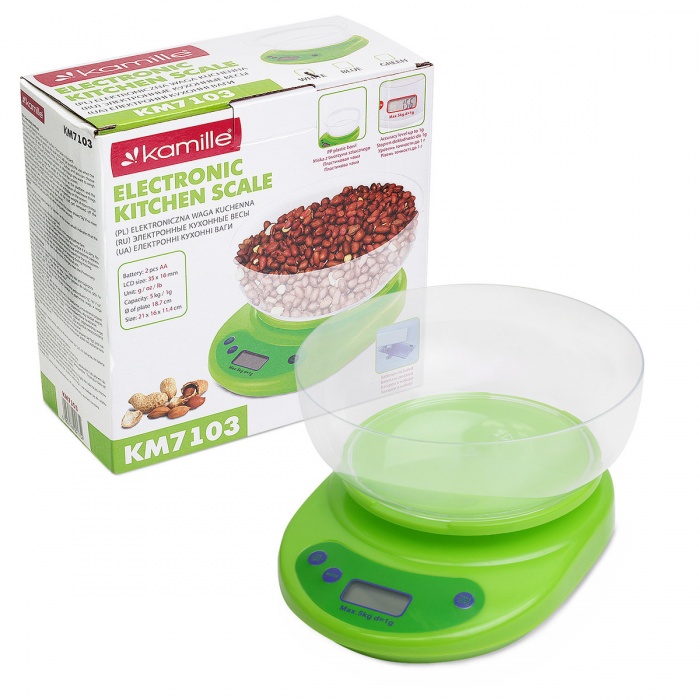 Весы электронные кухонные 20,2х20х10 см. (зелёный, белый, синий) Kamille KM 7103