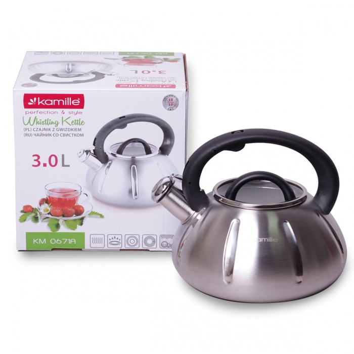 Чайник 3 л из нержавеющей стали со свистком и стеклянной крышкой (черная ручка) Kamille KM0671A