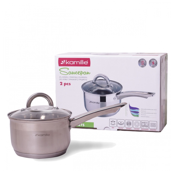 Ковш 1.9 л.Kamille 4227S из нержавеющей стали со стеклянной крышкой