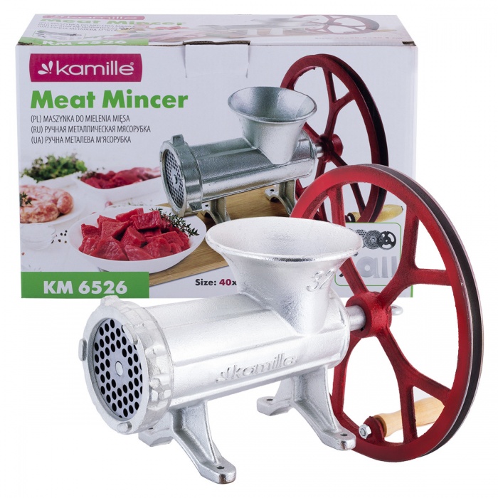 Мясорубка ручная Kamille чугунная с 3мя насадками 31х16х20,5см. KM-6526