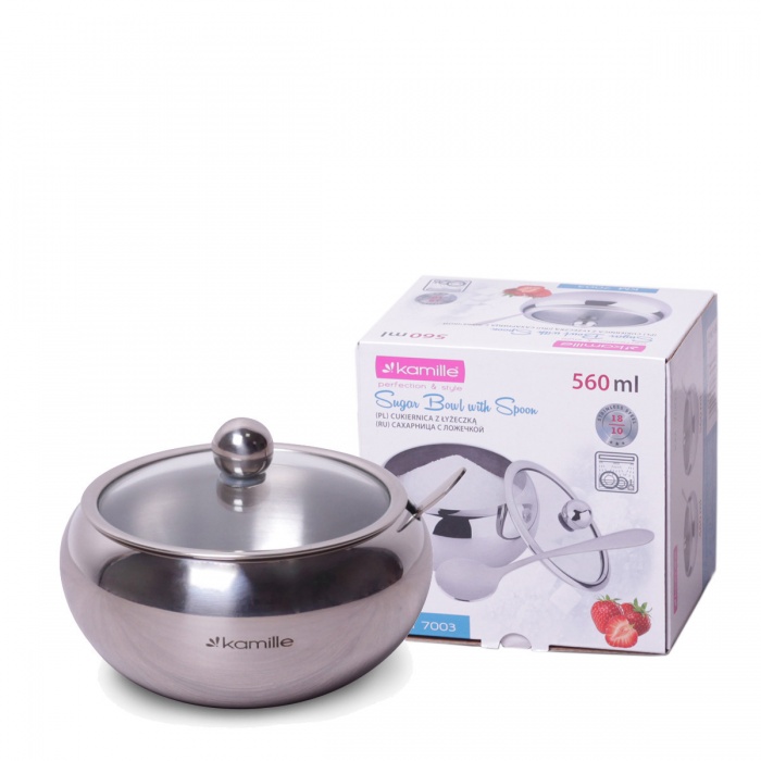 Сахарница 560 мл из нержавеющей стали с ложечкой и стеклянной крышкой Kamille KM-7003