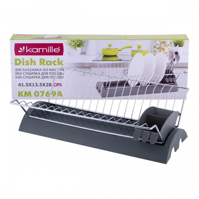 Сушилка для посуды 41,5х26х11,5 см из хромированной стали с поддоном (серый) Kamille KM0769A