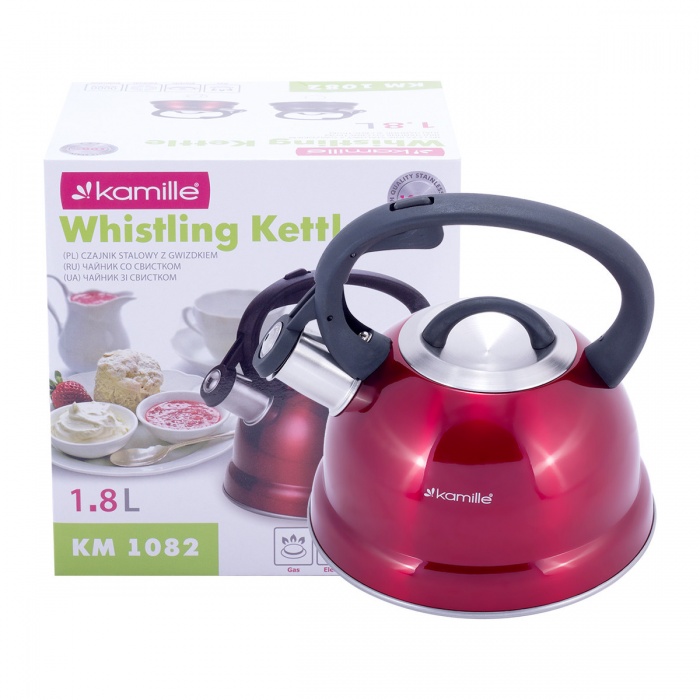 Чайник 1,8л из нержавеющей стали со свистком и черной бакелитовой ручкой (черный, красный) Kamille KM-1082