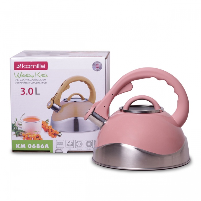 Чайник 3 л. Kamille KM 0686A из нержавеющей стали со свистком и стеклянной крышкой
