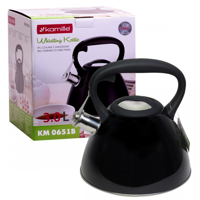 Чайник 3 л. Kamille KM-0651B (черный) из нержавеющей стали со свистком и черной бакелитовой ручкой