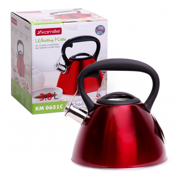 Чайник 3л Kamille Kamille KM 0651C (красный) из нержавеющей стали со свистком и черной бакелитовой ручкой