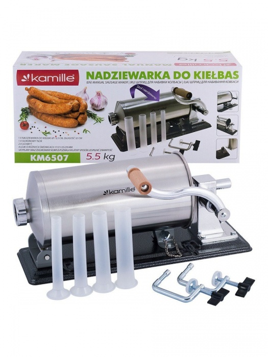 Шприц для начинения колбас 5.5 кг. Kamille KM-6507 из нержавеющей стали с силиконовыми насадками