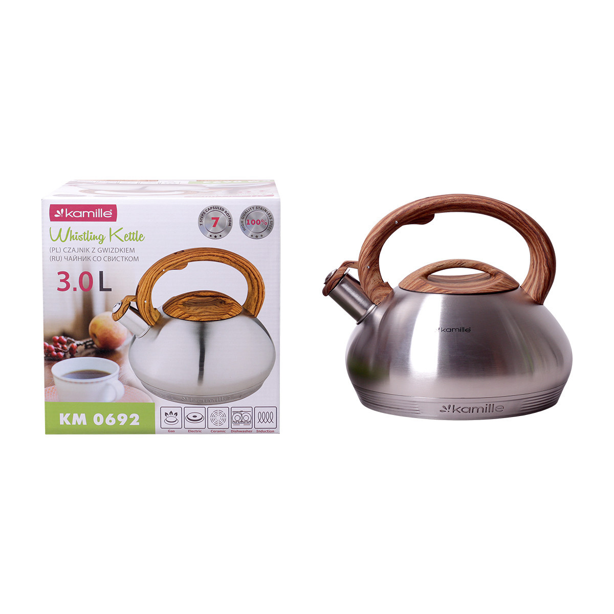 Чайник 3 л из нержавеющей стали со свистком и коричневой бакелитовой ручкой (под дерево) Kamille KM-0692N