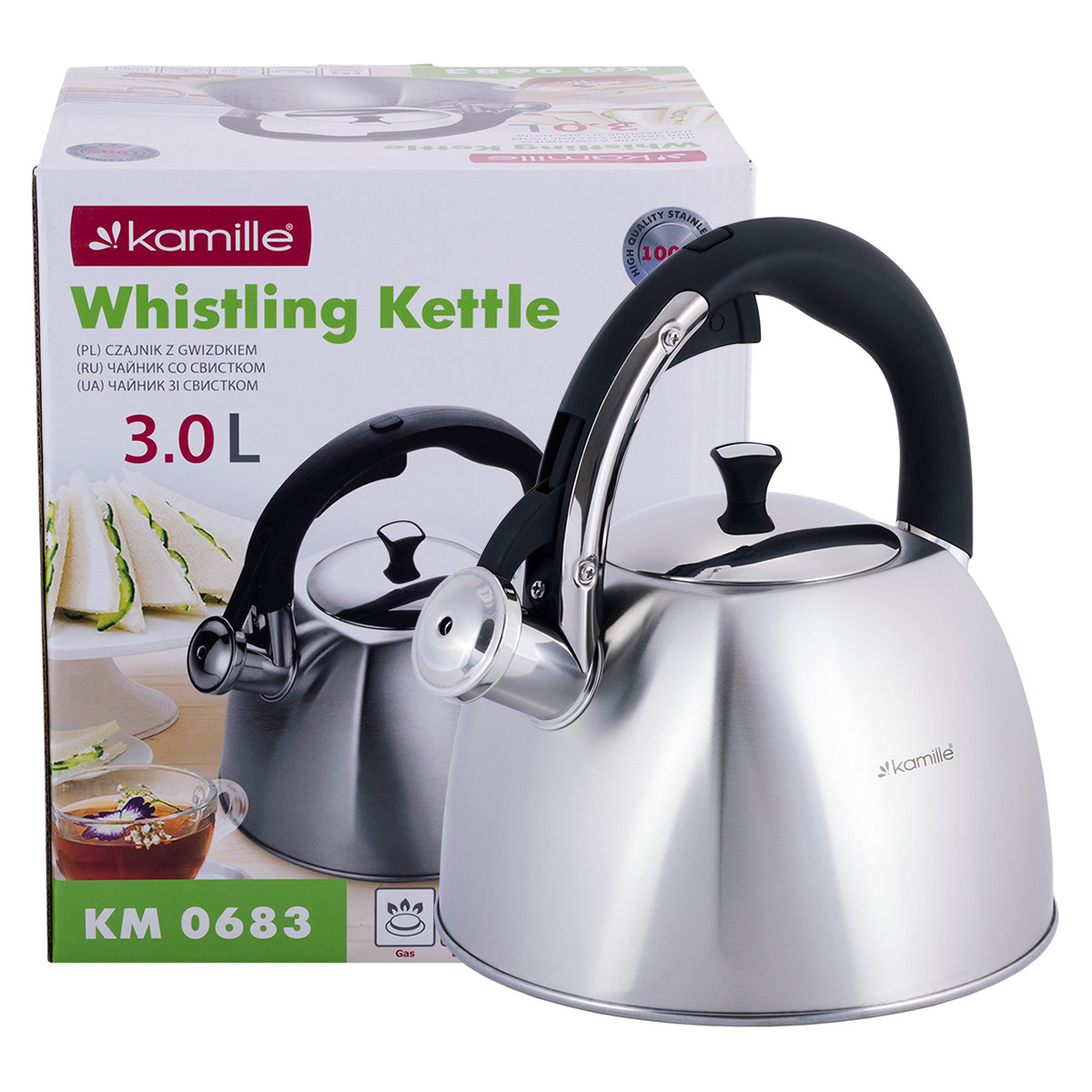 Чайник 2.5л из нерж. стали со свистком и черной бакелитовой ручкой (салатовый, кофейный, бежевый) Kamille KM-0683