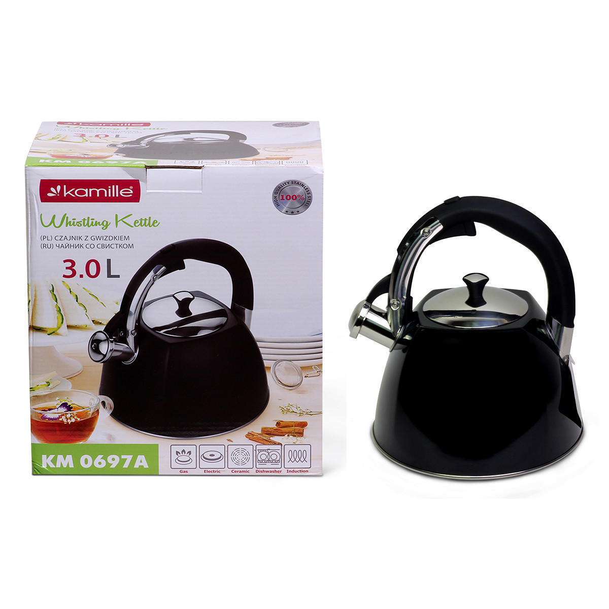 Чайник 3 л из нержавеющей стали со свистком и черной бакелитовой ручкой (черный) Kamille KM-0697A