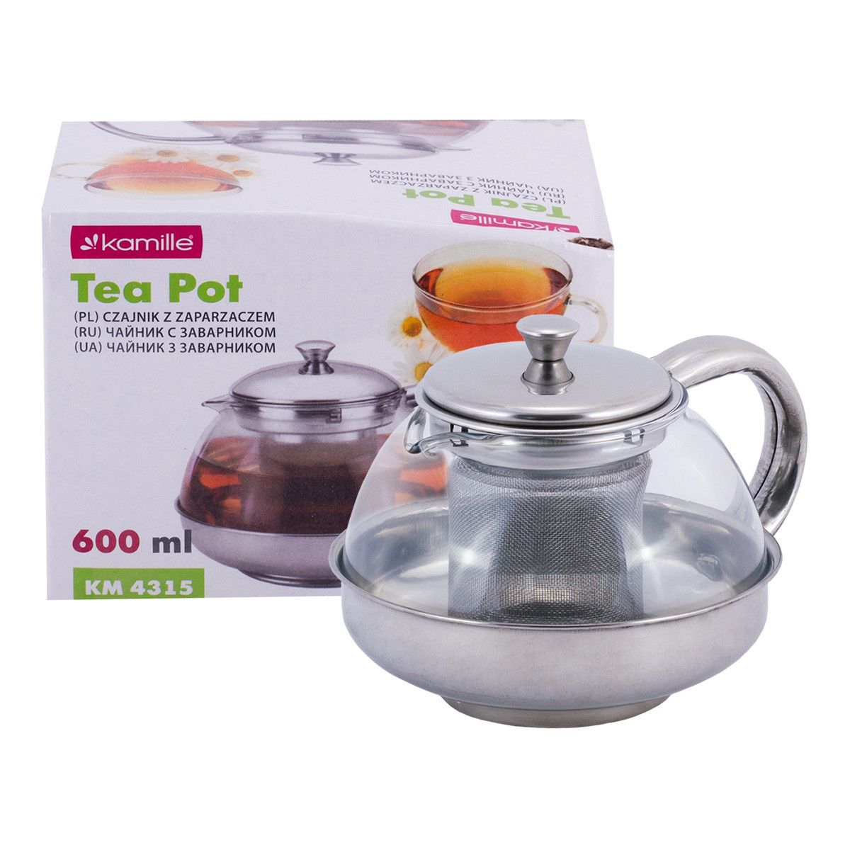 Чайник заварочный 600 мл со съемным ситечком Kamille KM-4315 (стекло, нержавеющая сталь)