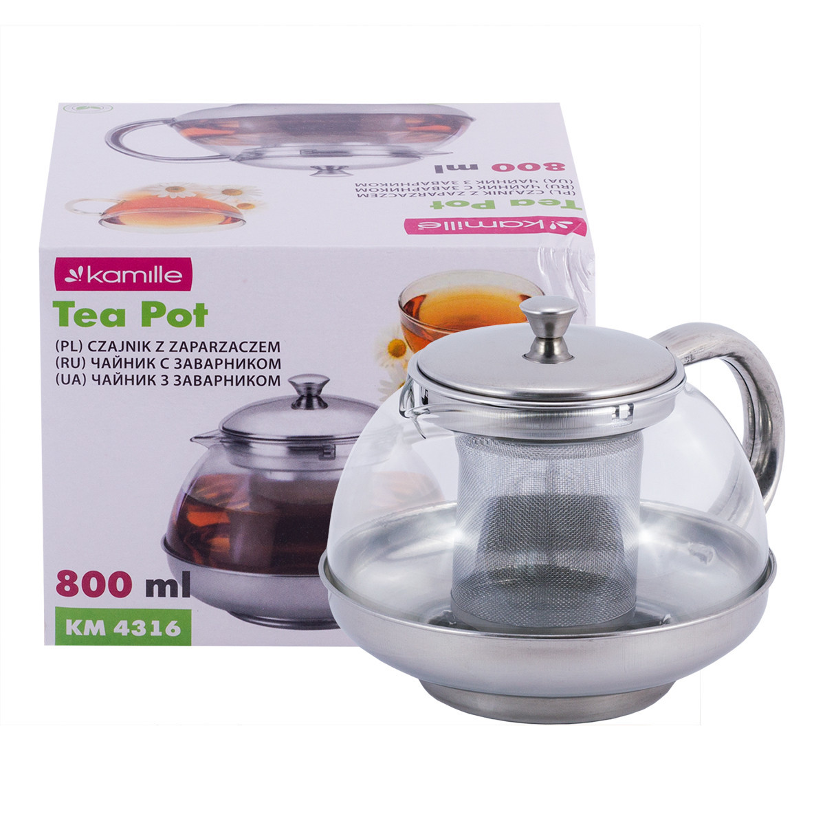 Чайник заварочный Kamille 800 мл со съемным ситечком (стекло, нержавеющая сталь) KM-4316