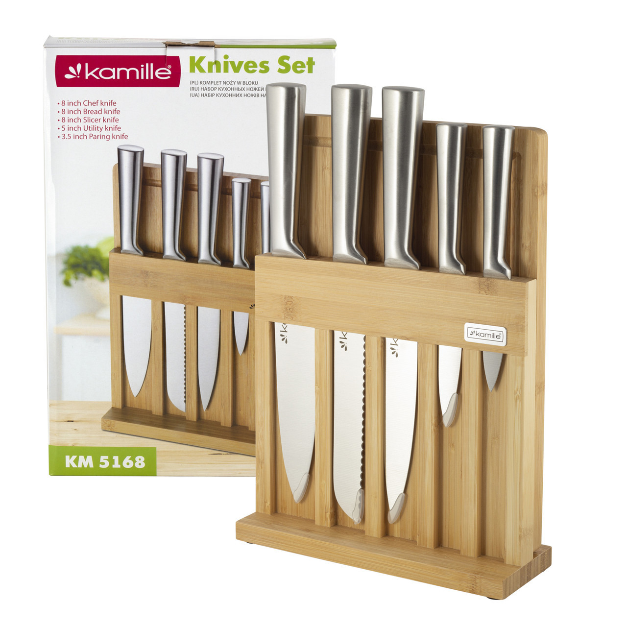 Набор кухонный ножей на подставке из бамбука с разделочной доской Kamille KM-5168 из нержавеющей стали_small